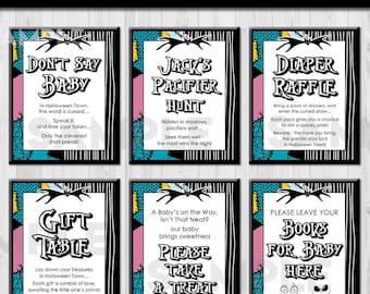 Paquete de carteles para mesa de baby shower de pesadilla, Halloween, Navidad, póster de bienvenida, decoración de mesa, carteles imprimibles NBC, descarga instantánea