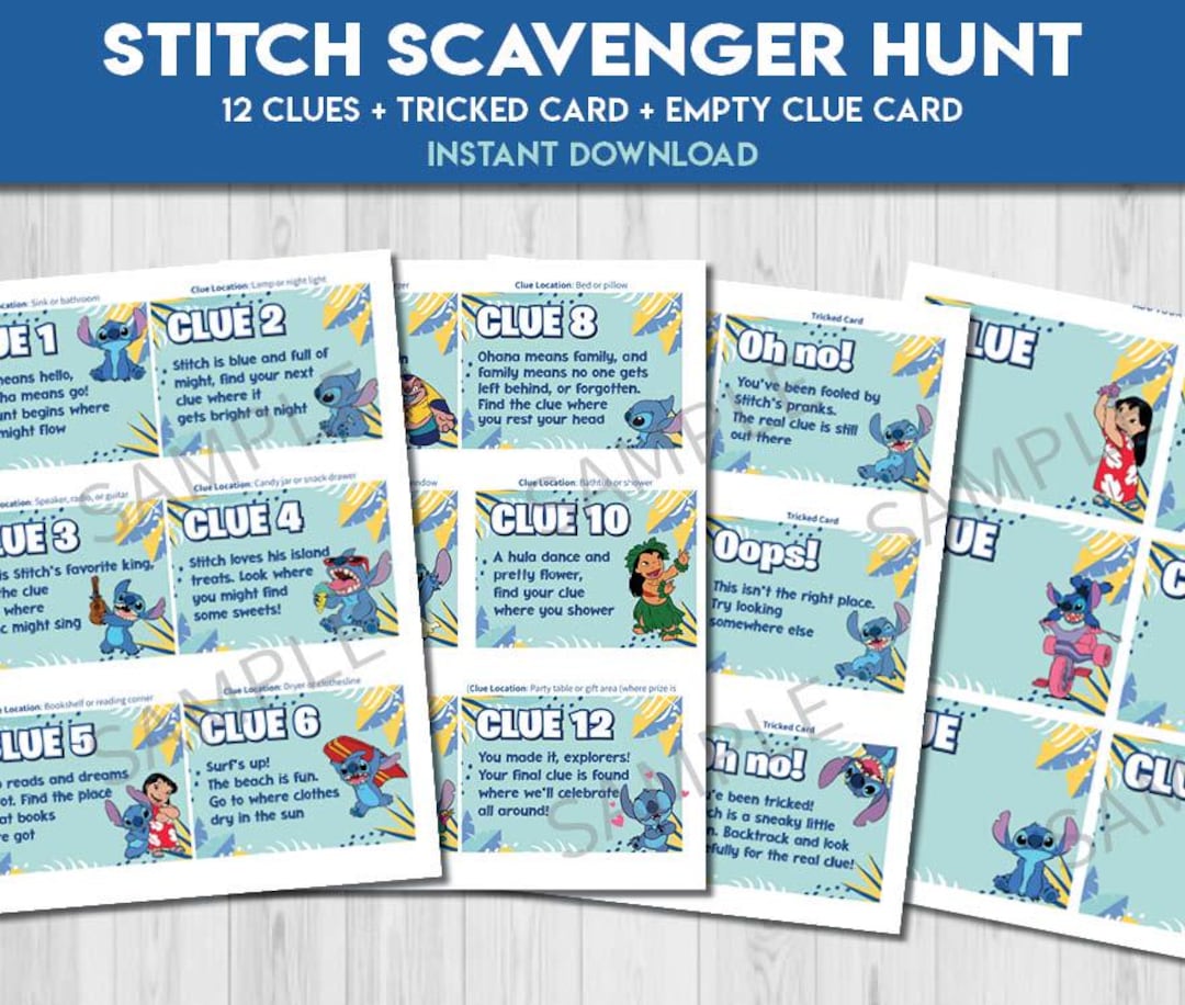 Stitch Tricky Treasure Hunt Clues Riddles Game Blue | Party Lilo ...