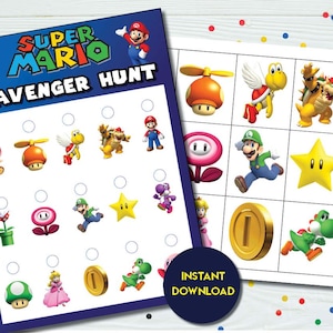 May include: Two Super Mario Scavenger Hunt game sheets. The left sheet has the title "Super Mario Scavenger Hunt" with Mario characters. The right sheet has a grid of Mario characters. A circular sticker says "Instant Download".