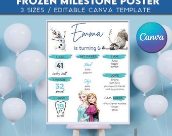 Cartel de hitos de Frozen con texto editable / Cartel de fiesta de cumpleaños de Elsa Winter Wonderland / Descarga instantánea