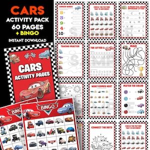 May include: A set of children's activity pages with a red cover displaying the word "CARS" and a cartoon car. The pack includes 60 pages of activities, such as bingo, tracing, and matching games. The pages are bordered with a black and white checkered pattern.