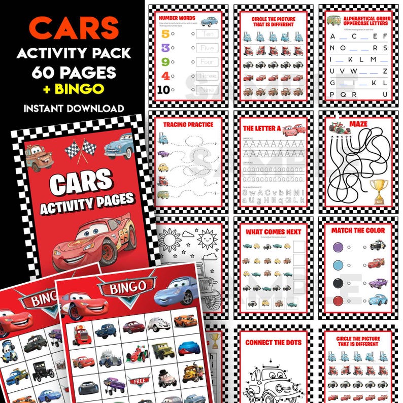 May include: A collection of printable activity pages for children, featuring a red cover with the word "CARS" and a cartoon car. The pack includes 60 pages of activities, including bingo, tracing, and matching games. The pages have a black and white checkered border.