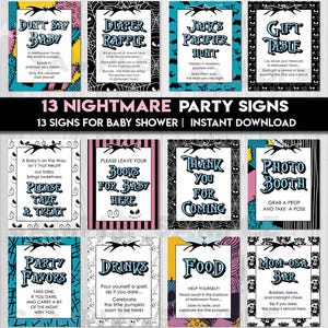 Paquete de letreros para mesa de baby shower de pesadilla, Halloween, Navidad, póster de bienvenida, decoración de mesa, carteles imprimibles NBC NO4, descarga instantánea