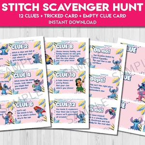 May include: A pink printable Stitch Scavenger Hunt game with 12 clues, a tricked card, and an empty clue card. The game features illustrations of Stitch and other characters. Text includes "Instant Download".