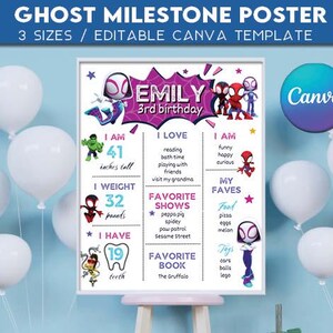 May include: A framed milestone poster with the text "GHOST MILESTONE POSTER" and "3 SIZES / EDITABLE CANVA TEMPLATE". The poster includes a child's name, age, height (41 inches), weight (32 pounds), favorite things, and favorite shows.