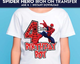 Spider man Hero 4th Birthday Iron On Transfer | Superhero Shirt for Boys | Web Slinger Comic Style Spiderman Cake Topper | Instant Download