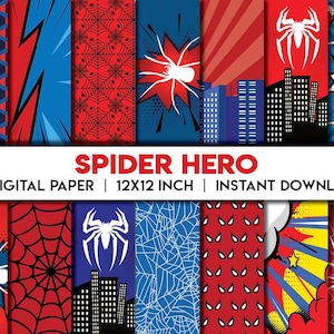 May include: A set of 55 digital papers with a Spider-Hero theme. The designs feature comic book style graphics with spider webs, cityscapes, and spider emblems in red, blue, and white. The text "SPIDER HERO" is displayed.