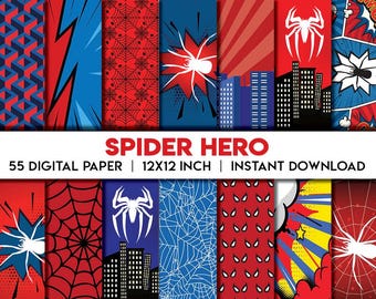May include: A collection of 55 digital papers with a Spider-Hero theme. The designs feature comic book style graphics with spider webs, cityscapes, and spider emblems in red, blue, and white. The text "SPIDER HERO" is displayed.