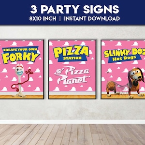 May include: Three framed party signs with a pink background and white clouds. The signs feature the text "Create Your Own Forky", "Pizza Station", and "Slinky Dog Hot Dogs". The signs are 20.3 x 25.4 cm.