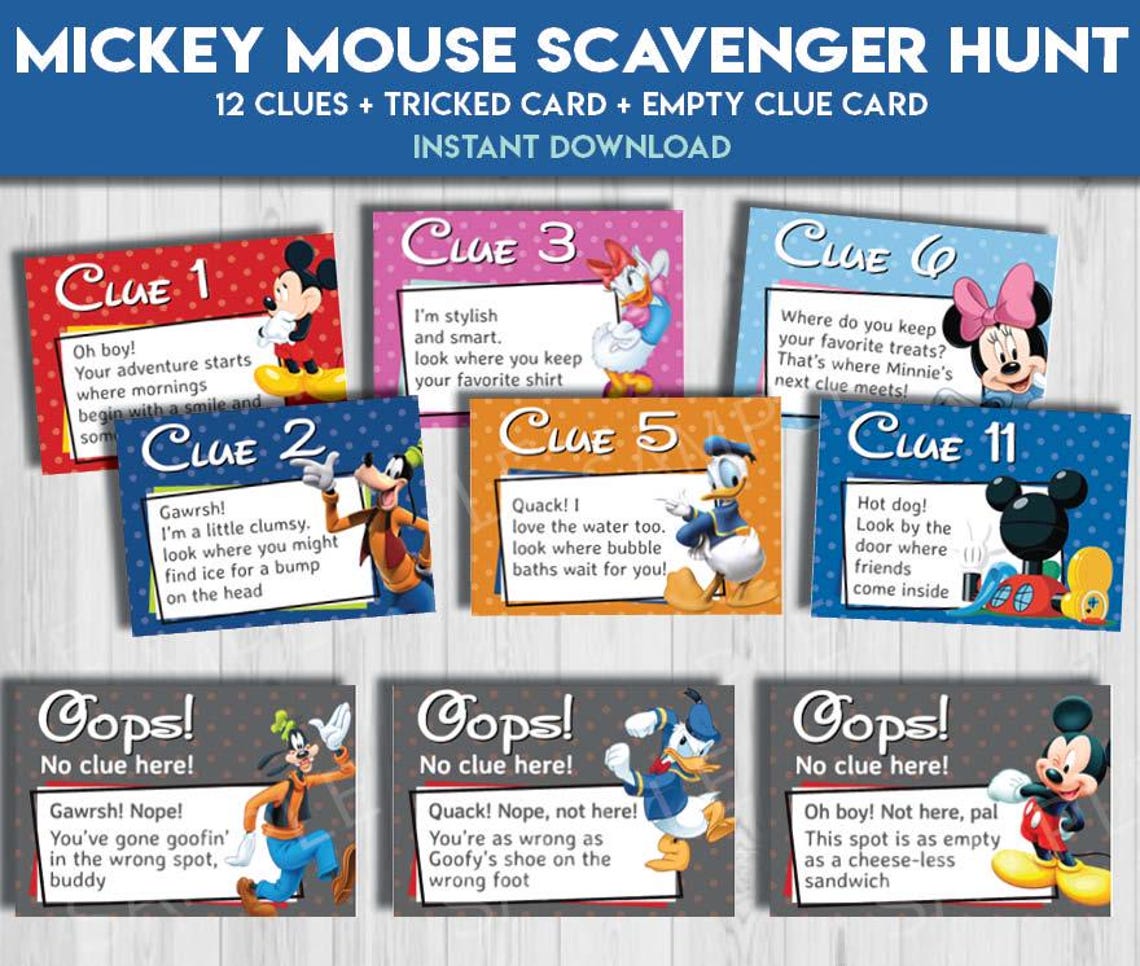 Mickey Mouse Tricky Scavenger Hunt Clues Riddles Game | Minnie ...