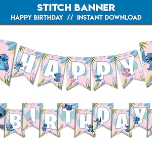 Happy Birthday banner Stitch | Party Decor Bunting happy birthday party Favors lilo | Stitch & Angel Decorations flag | instant download