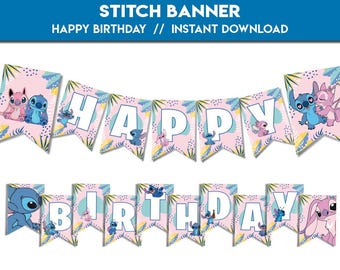 Happy Birthday banner Stitch | Party Decor Bunting happy birthday party Favors lilo | Stitch & Angel Decorations flag | instant download