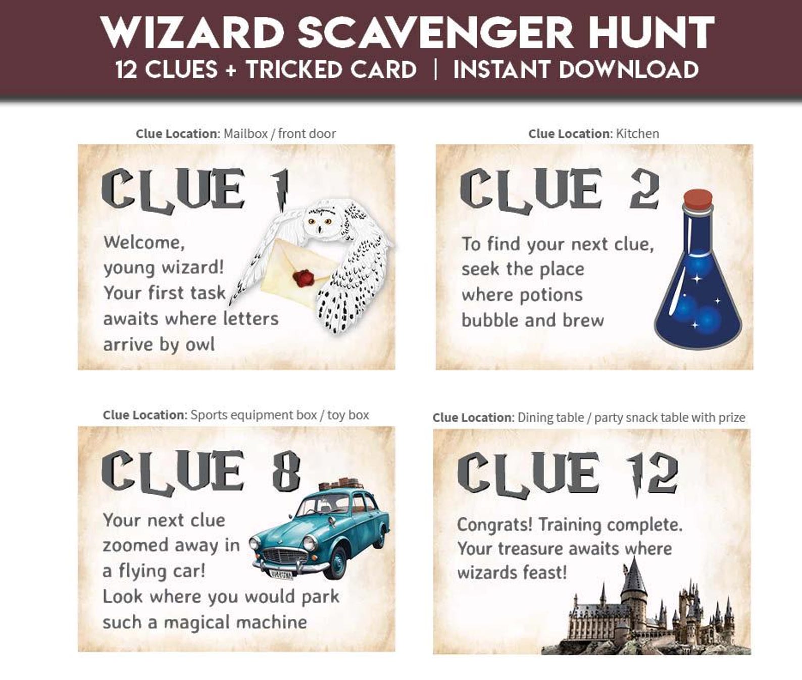 Wizard Scavenger Hunt Clues Riddles Game | Magic School Party Game ...