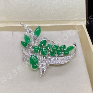 Antique Jade Brooch: 14k White Gold Finish, Victorian Style