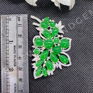 Jade Brooch: 17.70Ct Natural Green Jade, 14k White Gold Finish Vintage