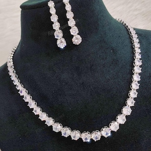 14k White Gold Plated /Diamond Necklace /Dainty Tennis Choker/ Wedding jewelry/ Tennis Necklace/Classic Tennis necklace/ Anniversary gift /