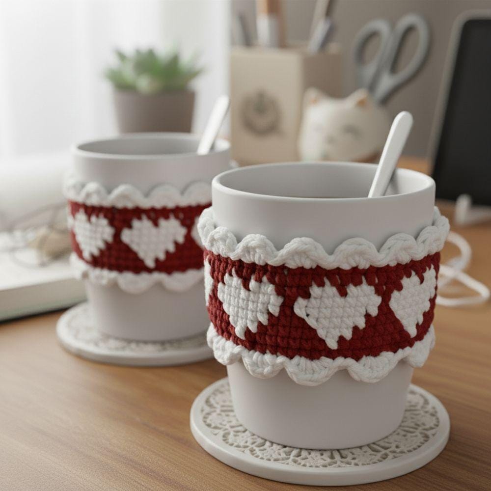 Heart Motifs Coffee Cup Cozy Crochet Pattern, Valentine Gift Idea for ...