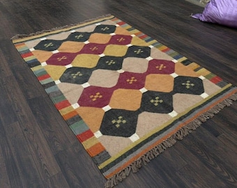 Handwoven Wool Area Rug, Boho Tribal Diamond Pattern, Fringe