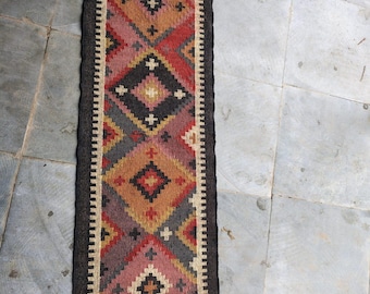 Handwoven Kilim Runner Rug, Wool Jute Southwestern Tribal Carpet