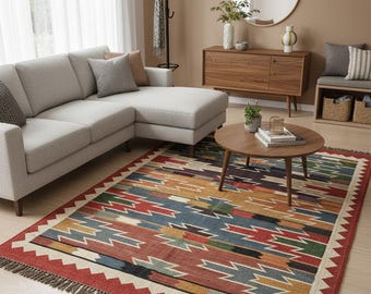 Dywan Kilim w stylu południowo-zachodnim, geometryczny dywan w stylu boho do salonu, kolorowy dywan z plemiennym wzorem