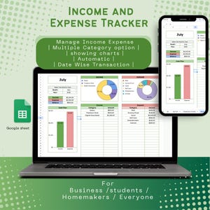 May include: A laptop and smartphone displaying a financial tracking spreadsheet. The screen shows income and expense charts, with the text "Income and Expense Tracker." The image also includes the text "Manage Income Expense" and "For Business/students/Homemakers/Everyone."