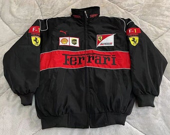 Veste de course unisexe vintage Formule 1 limitée-Rare noire vintage de l'an 2000 entièrement brodée Streetwear Ferrari Racing - cadeau parfait pour la fête des pères