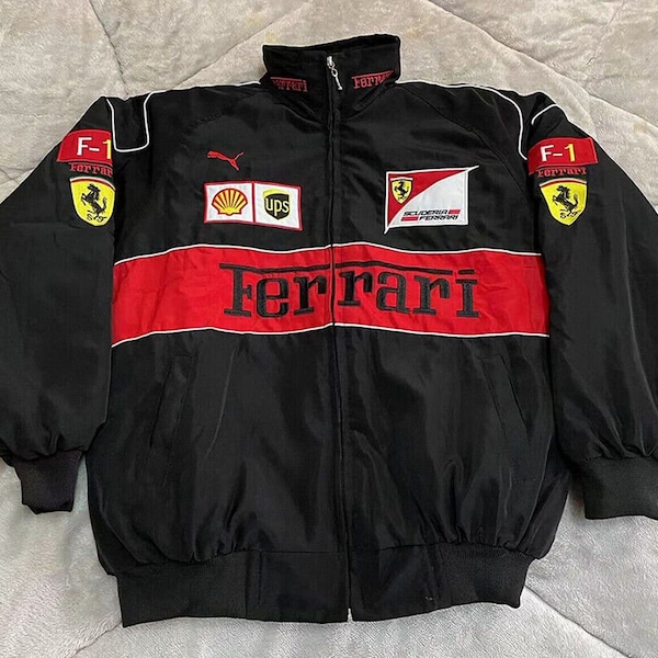 Veste de course unisexe vintage Formule 1 limitée-Rare noire vintage de l'an 2000 entièrement brodée Streetwear Ferrari Racing - cadeau parfait pour la fête des pères