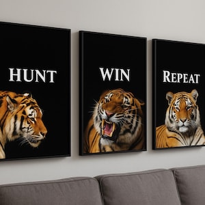 Tiger Motivation Poster Set: HUNT WIN REPEAT - Gym & Office Wall Art