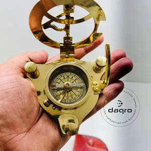 Antique Brass Sundial Compass: Nautical Navigation with Wooden Box