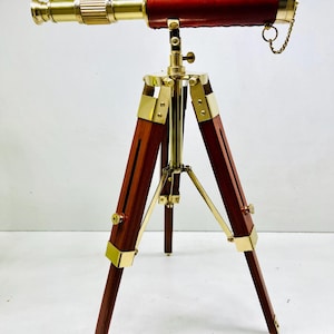 Handcrafted Fully Functional Brass Binocular Telescope with Adjustable Wooden Tripod – Nautical Decor, Collectible & Stargazing Gift