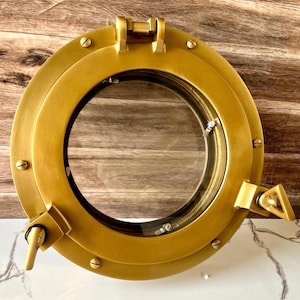 Brass Antique Finish 12 Inches Canal Boat Porthole Window Ship Porthole Nautical Ship Window Aluminum Mirror Vintage Maritime Marine Mirror