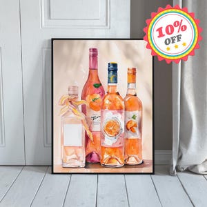 Watercolor Peach Rosé Bottle Art Print - Stylish Wine Lover's Decor - Instant Download for Bar Carts & Kitchens - High-Resolution JPG/PDF