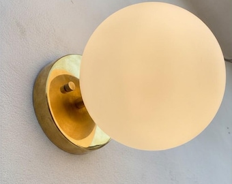 Modern Brass Globe Wall Sconce, Milk Glass Bedroom Light, Mid Century Wall Lamp