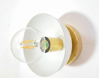 Handmade Brass Wall Sconce, White Disc Shade, Mid Century Modern Lighting Fixture