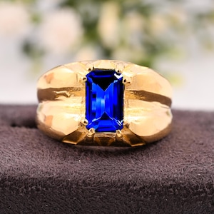 14K Yellow Gold Sapphire Ring: Art Deco Men&#39;s Wedding Band