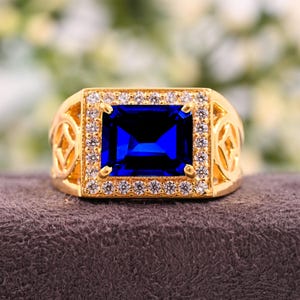 14K Yellow Gold Sapphire Ring: Art Deco Men&#39;s Wedding Band