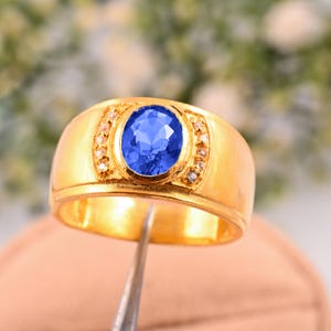 Tanzanite solitairering, 14K gouden klassieke tanzaniet begaafde herenring, tanzaniet uniseks stijl gewaagde verloving, ceremoniering, cadeau voor hem.