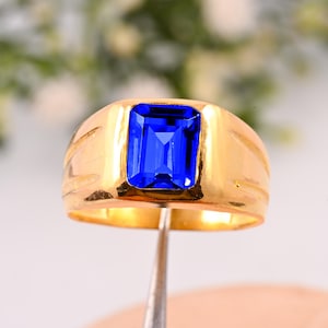 14K Yellow Gold Sapphire Ring: Art Deco Men&#39;s Wedding Band