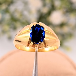 Men&#39;s 14K Gold Sapphire Ring: Art Deco September Birthstone