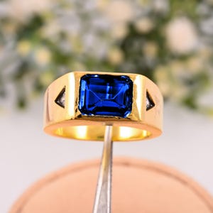 Echte uniseks zegelring tanzaniet | Massief 14 kt geelgoud | Trouwring of verlovingsring heren, handgemaakte fijne sieraden cadeau