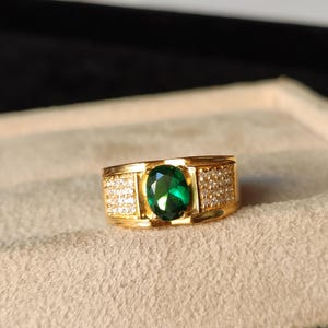 Men’s 14K Solid Gold Emerald Ring – Oval Cut Emerald with Diamond Accents – Luxury Gold Signet Ring – May Birthstone Men’s Jewelry Gift