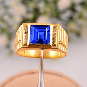 14K Yellow Gold Sapphire Ring: Art Deco Men&#39;s Wedding Band