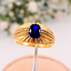 14K Yellow Gold Sapphire Ring: Art Deco September Birthstone