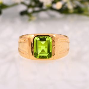 14K Yellow Gold Peridot Ring for Men: Art Deco Wedding Band