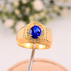 14K Yellow Gold Sapphire Ring: Art Deco Men&#39;s Wedding Band