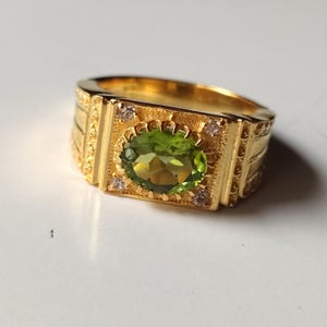Natural Peridot Men&#39;s Ring, 14K Yellow Gold Engagement Ring, Peridot Green Gemstone Ring, August Birthstone, Anniversary Ring, Gift for Him.