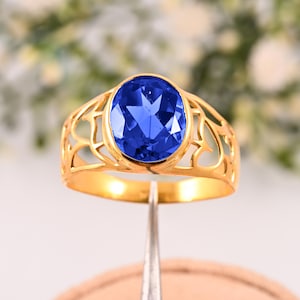 Ovale tanzaniet verlovingsring voor mannen | 14K massief geelgouden trouwring | Uniek ontwerp, fijn sieradencadeau, geboortesteen december