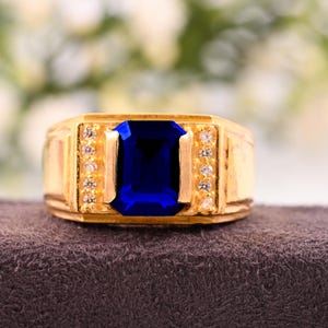 14K Yellow Gold Sapphire Ring for Men: Art Deco Wedding Band