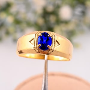 14K Gold Sapphire Ring: Art Deco Wedding Band for Men & Women