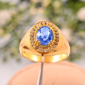 14K massief gouden tanzanietring voor heren – ovaal geslepen tanzaniet met zirkonia-halo – luxe geboortesteenring voor hem – elegante tanzaniet-zegelring